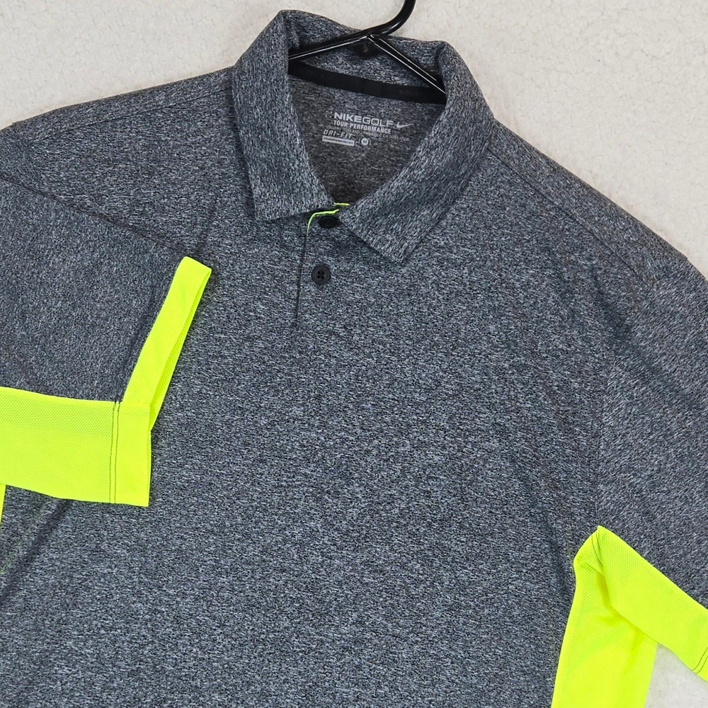 Nike Golf Mens Polo Shirt M Dri-Fit Tour Performance‎ Neon Volt Grey Striped